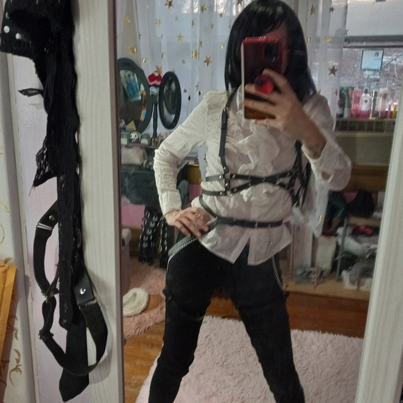 Black vegan leather dbl thigh garter harness w/chain & belt! Bondage - Picture 11 of 16